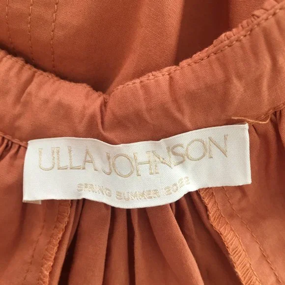 Ulla Johnson orange high neck with ties belted waist 3 layers of ruffles at hem